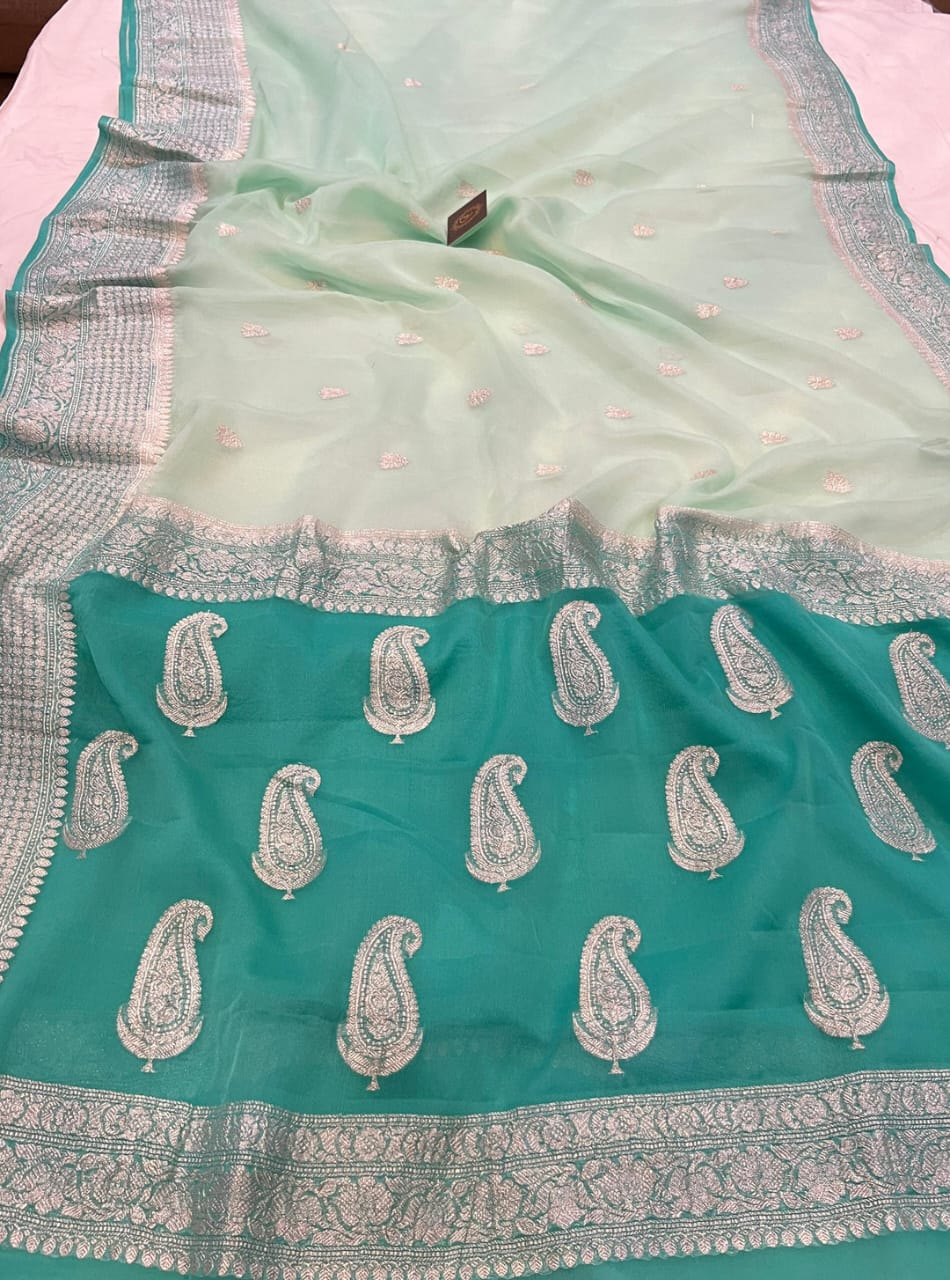 Rama Green & Light Sea Green Contrast Pure Khaddi Chiffon Kadhua with Silver Zari Saree