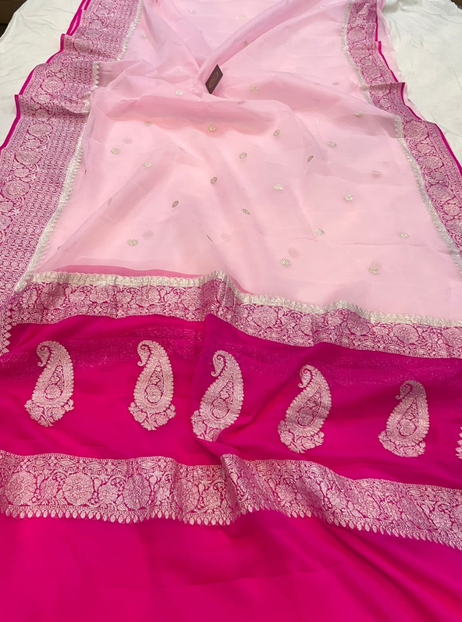 Rani & Pink Contrast Pure Khaddi Chiffon Kadhua with Silver Zari Saree