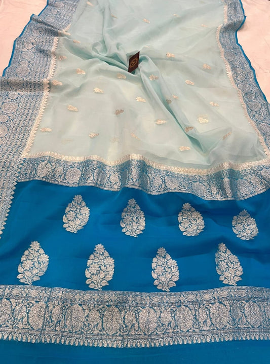 Royal Blue & Light Sea Green Contrast Pure Khaddi Chiffon Kadhua with Silver Zari Saree