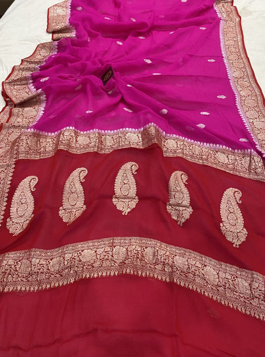 Red & Magenta Contrast Pure Khaddi Chiffon Kadhua with Silver Zari Saree