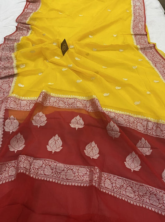 Red & Yellow Contrast Pure Khaddi Chiffon Kadhua with Silver Zari Saree
