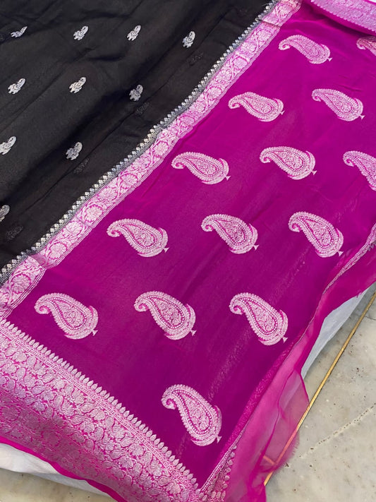 Magenta & Black Contrast Pure Khaddi Chiffon Kadhua with Silver Zari Saree