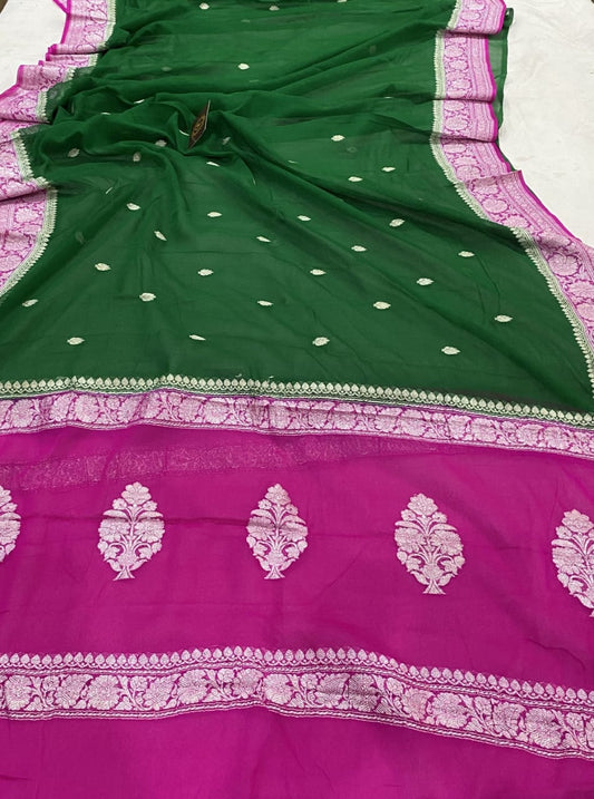 Magenta & Bottle Green Contrast Pure Khaddi Chiffon Kadhua with Silver Zari Saree