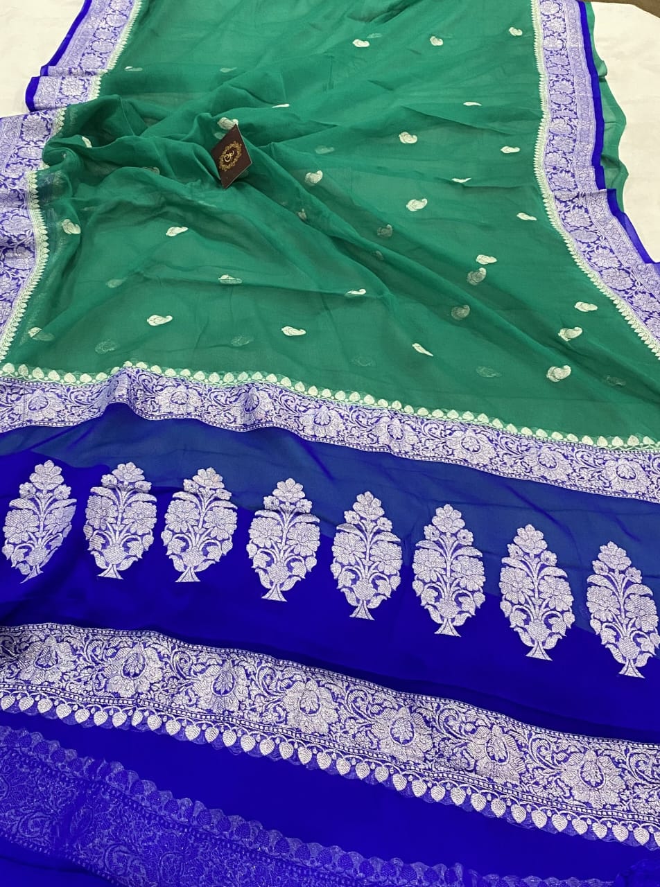 Royal Blue & Rama Green Contrast Pure Khaddi Chiffon Kadhua with Silver Zari Saree