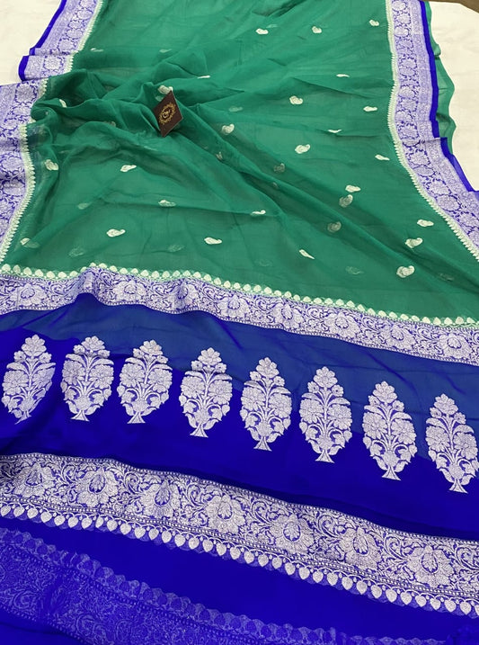 Royal Blue & Rama Green Contrast Pure Khaddi Chiffon Kadhua with Silver Zari Saree
