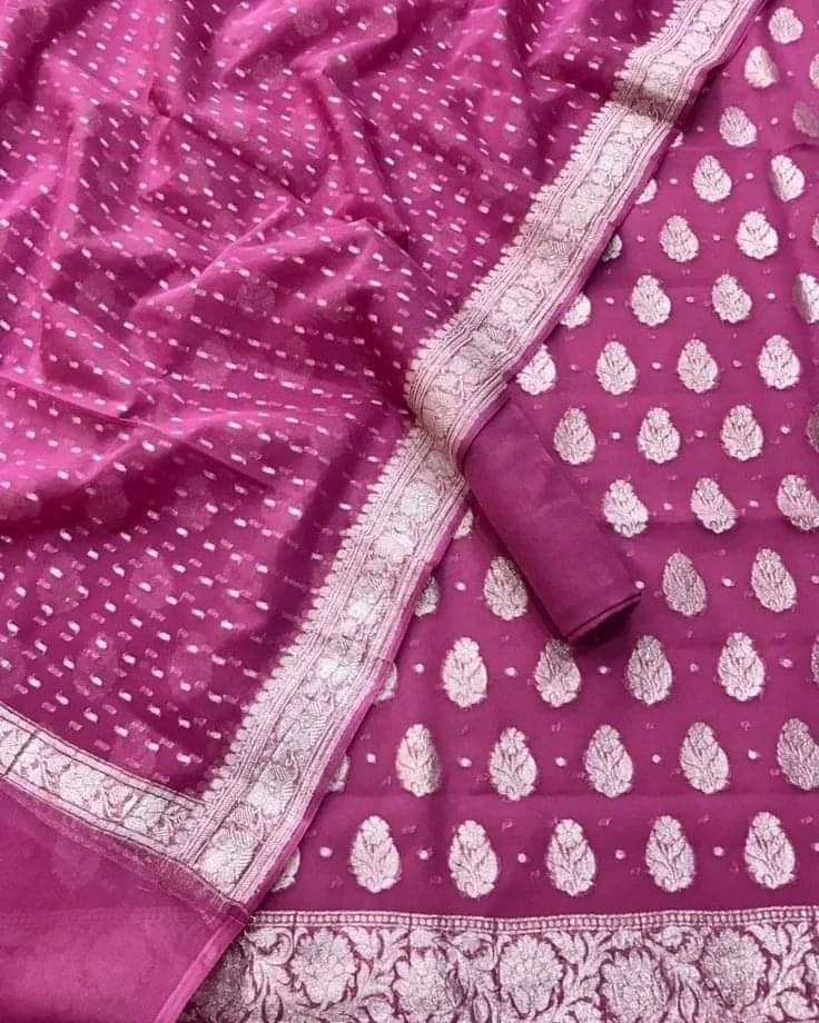 Magenta Pure Khaddi Chiffon 3 Piece Suit with Silver Zari
