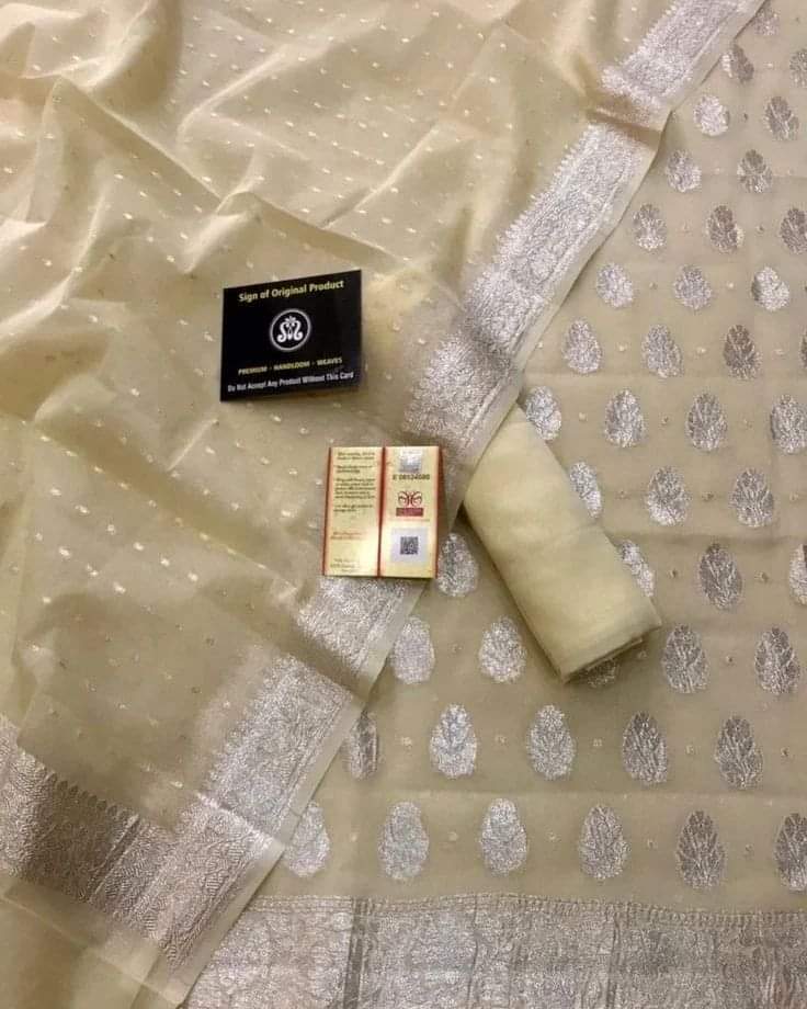 Cream Pure Khaddi Chiffon 3 Piece Suit with Silver Zari