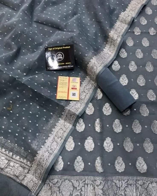 Grey Pure Khaddi Chiffon 3 Piece Suit with Silver Zari
