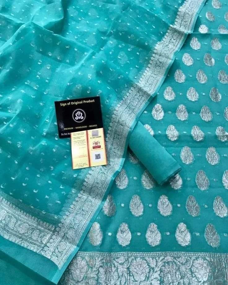 Firozi Pure Khaddi Chiffon 3 Piece Suit with Silver Zari