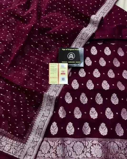 Wine Pure Khaddi Chiffon 3 Piece Suit with Silver Zari