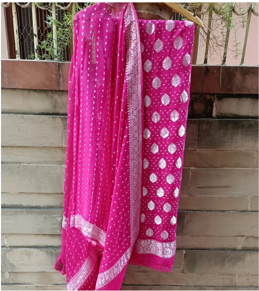 Magenta Pure Khaddi Chiffon 3 Piece Suit with Silver Zari