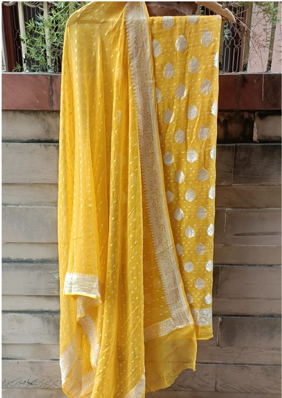 Yellow Pure Khaddi Chiffon 3 Piece Suit with Silver Zari