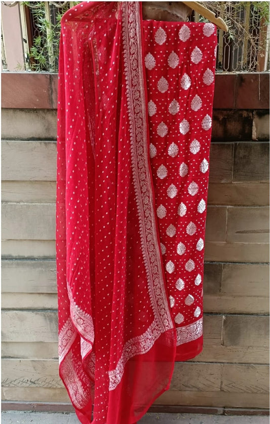Red Pure Khaddi Chiffon 3 Piece Suit with Silver Zari
