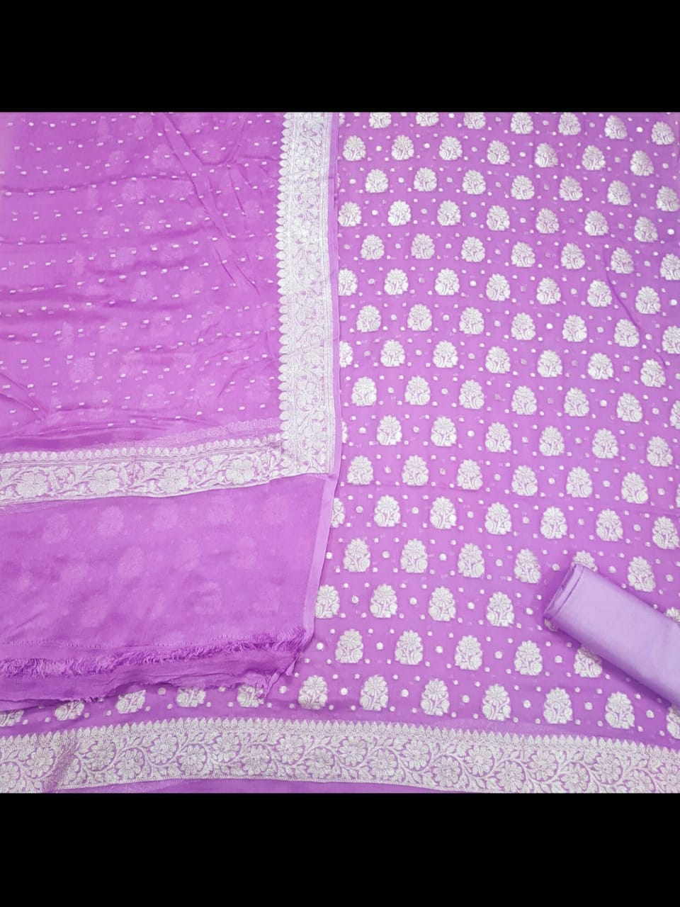 Lavender Pure Khaddi Chiffon 3 Piece Suit with Silver Zari