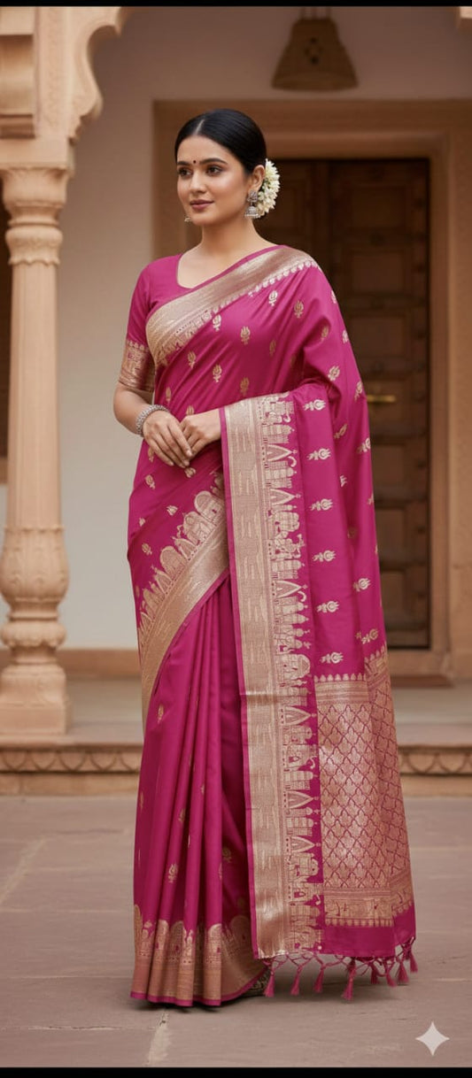 Magenta Semi Katan Silk Ghar Banarasi Saree