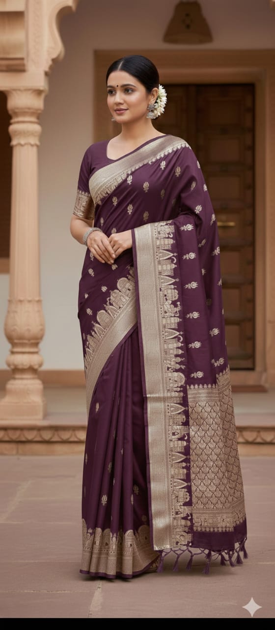 Wine Semi Katan Silk Ghar Banarasi Saree