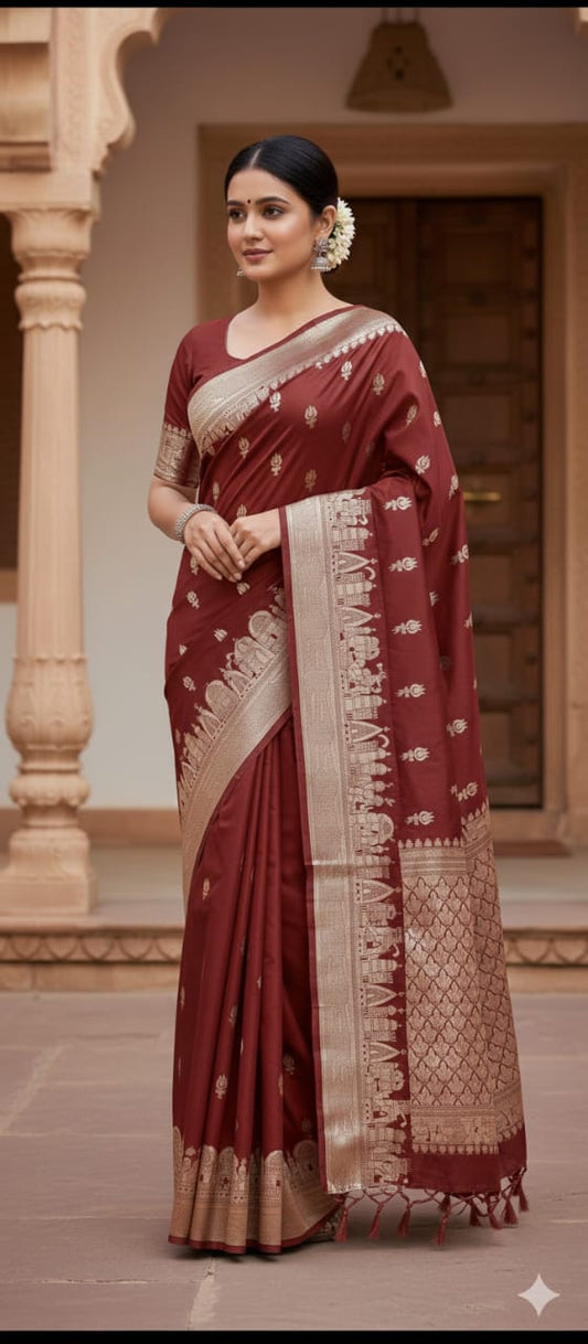 Rust Semi Katan Silk Ghar Banarasi Saree