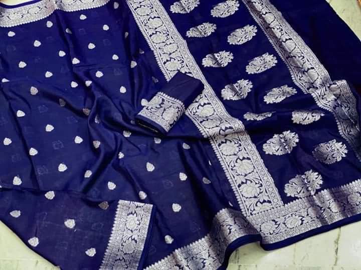 Navy Blue Semi Georgette Banarasi Saree with Silver Zari