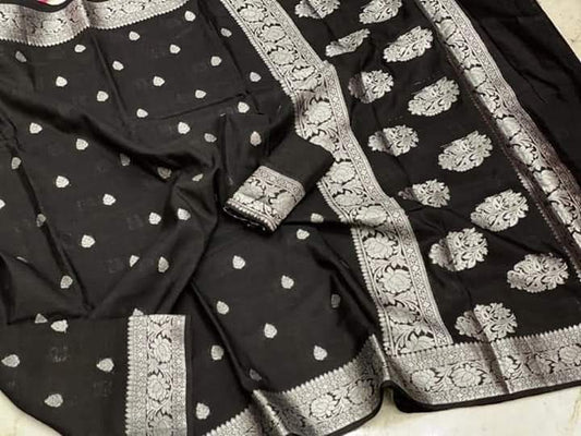 Black Semi Georgette Banarasi Saree with Silver Zari