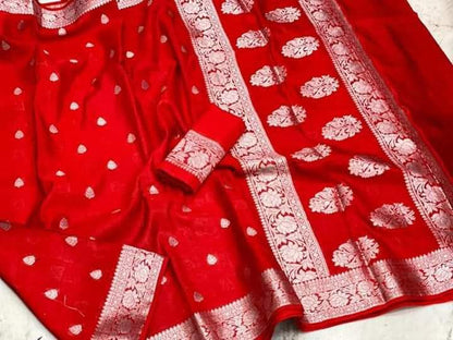 Red Semi Georgette Banarasi Saree with Silver Zari