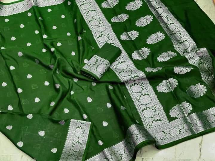 Bottle Green Semi Georgette Banarasi Saree with Silver Zari