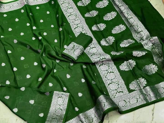 Bottle Green Semi Georgette Banarasi Saree with Silver Zari