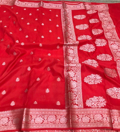Red Semi Georgette Banarasi Saree with Silver Zari