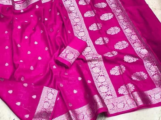 Magenta Semi Georgette Banarasi Saree with Silver Zari