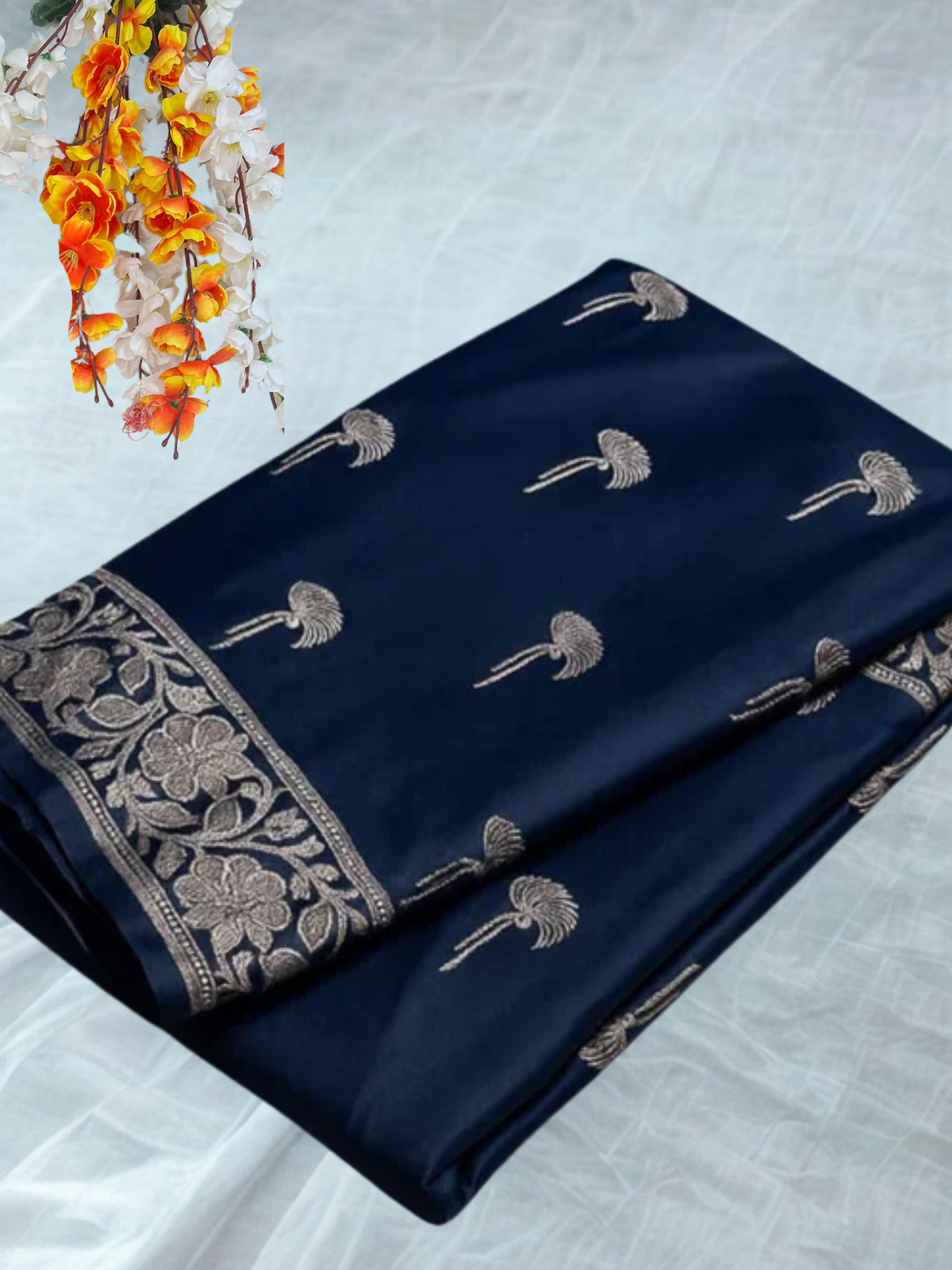 Navi Blue Mashru Katan Designer Buti Saree Lite Wait