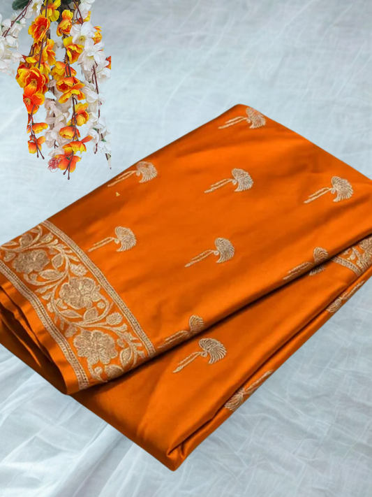 Orange Mashru Katan Designer Buti Saree Lite Wait