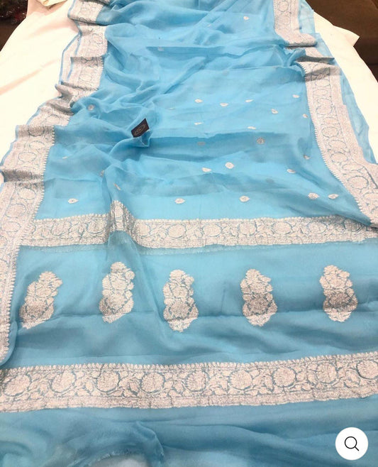 Firozi Pure Khaddi Chiffon Kadhua with Silver Zari Saree