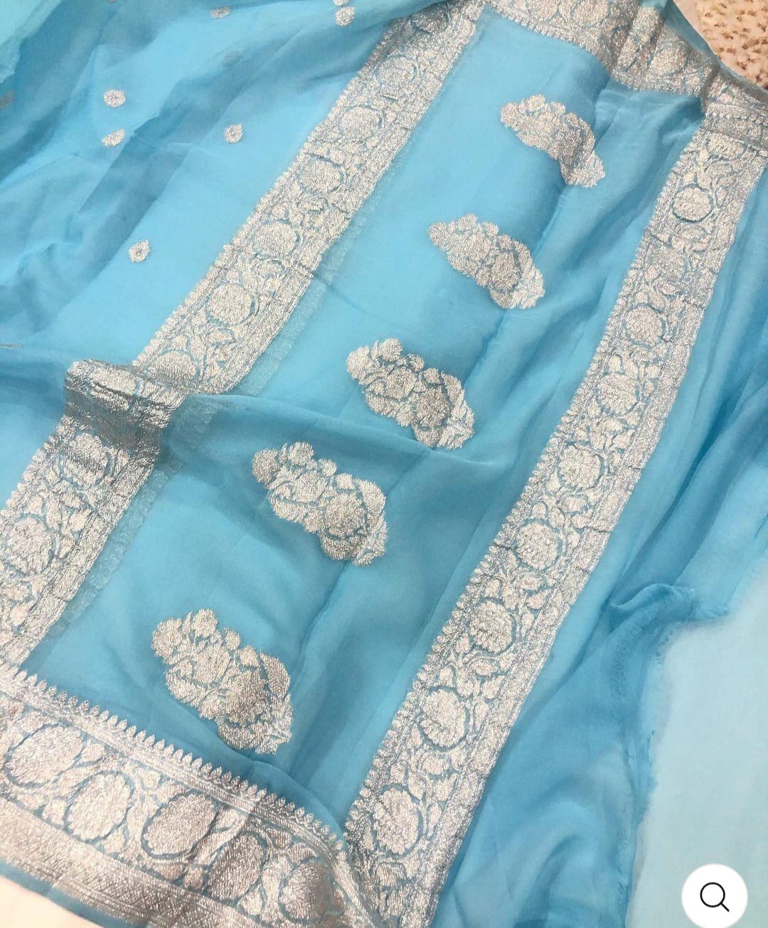 Firozi Pure Khaddi Chiffon Kadhua with Silver Zari Saree