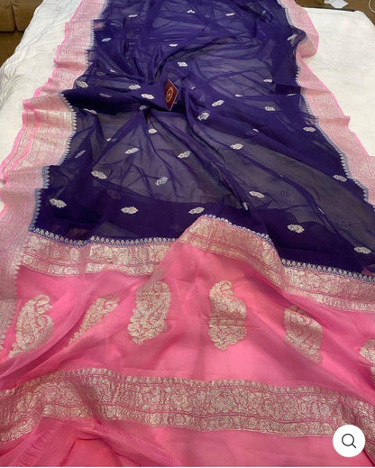 Pink & Navy Blue Contrast Pure Khaddi Chiffon Kadhua with Silver Zari Saree