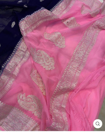 Pink & Navy Blue Contrast Pure Khaddi Chiffon Kadhua with Silver Zari Saree