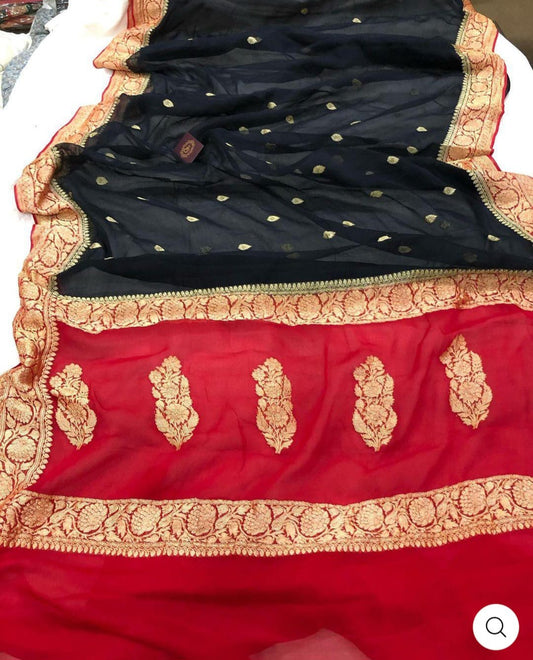 Red & Black Contrast Pure Khaddi Chiffon Kadhua with Silver Zari Saree