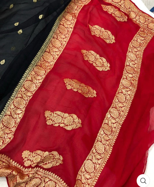 Red & Black Contrast Pure Khaddi Chiffon Kadhua with Silver Zari Saree