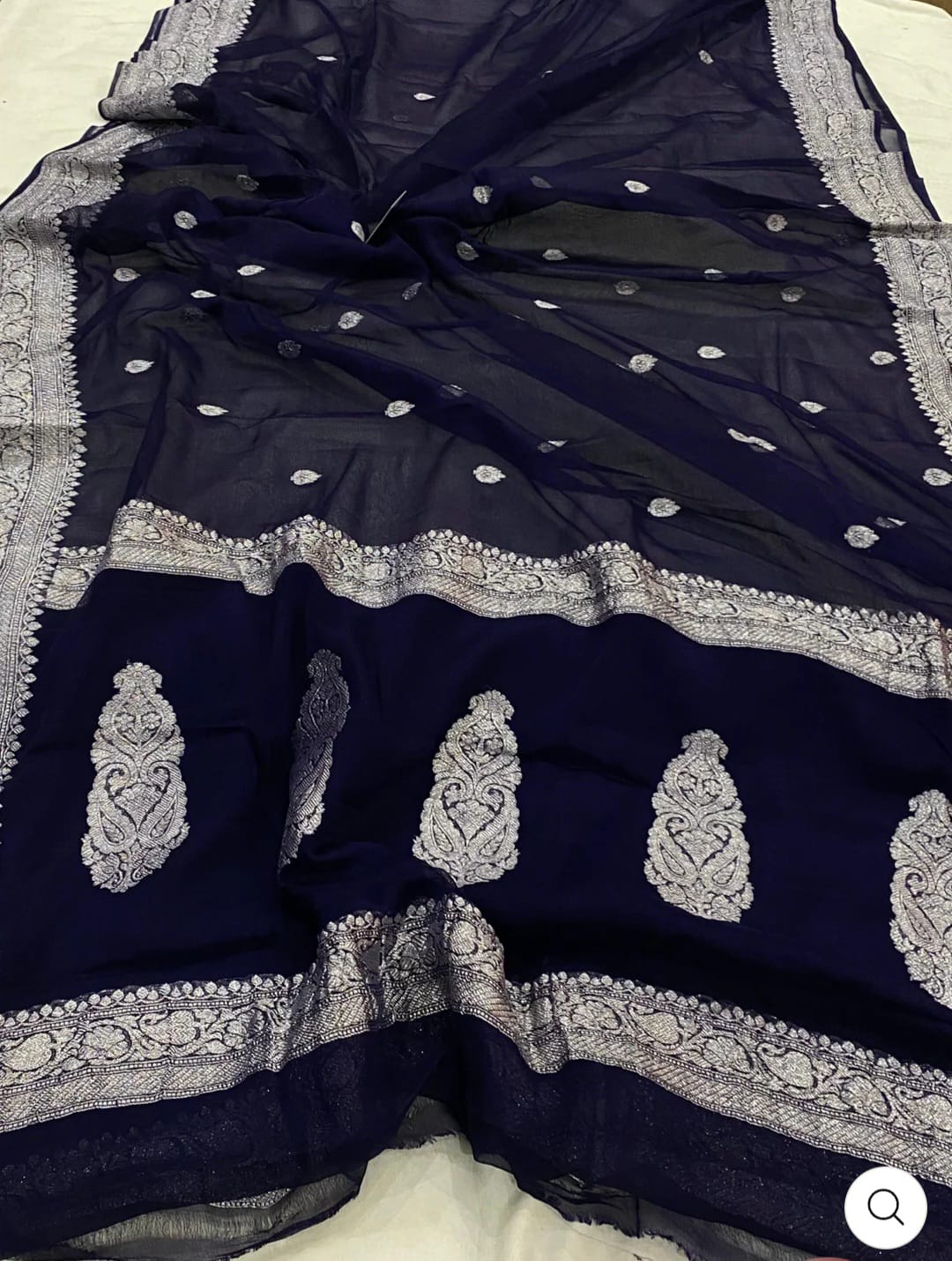 Navy Blue Pure Khaddi Chiffon Kadhua with Silver Zari Saree