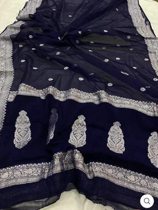 Navy Blue Pure Khaddi Chiffon Kadhua with Silver Zari Saree