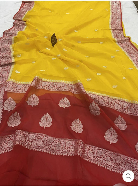 Red & Yellow Contrast Pure Khaddi Chiffon Kadhua with Silver Zari Saree