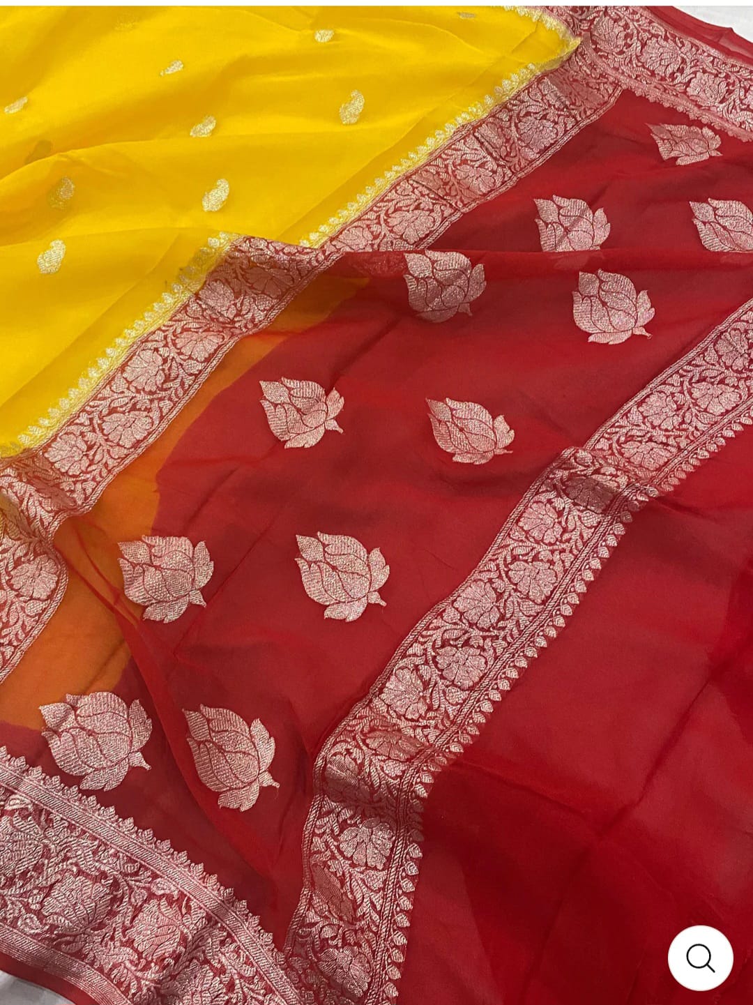 Red & Yellow Contrast Pure Khaddi Chiffon Kadhua with Silver Zari Saree