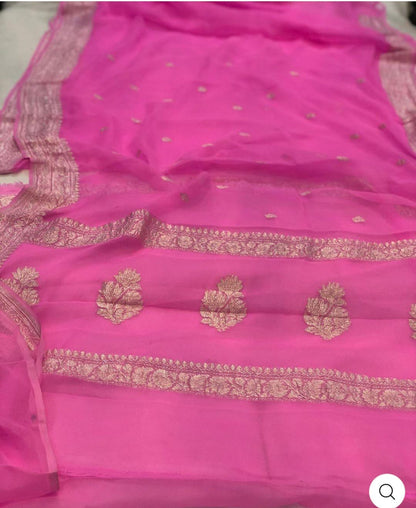 Rani Pink Pure Khaddi Chifon Kadhua with Silver Zari Saree