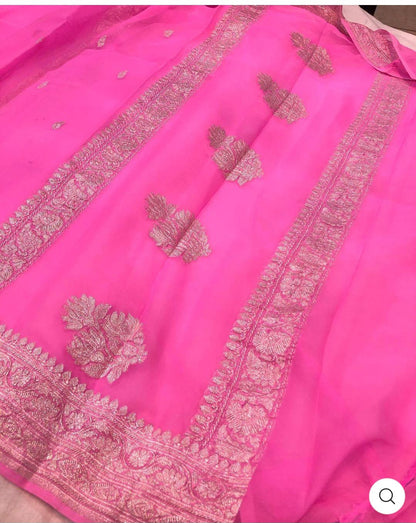 Rani Pink Pure Khaddi Chifon Kadhua with Silver Zari Saree