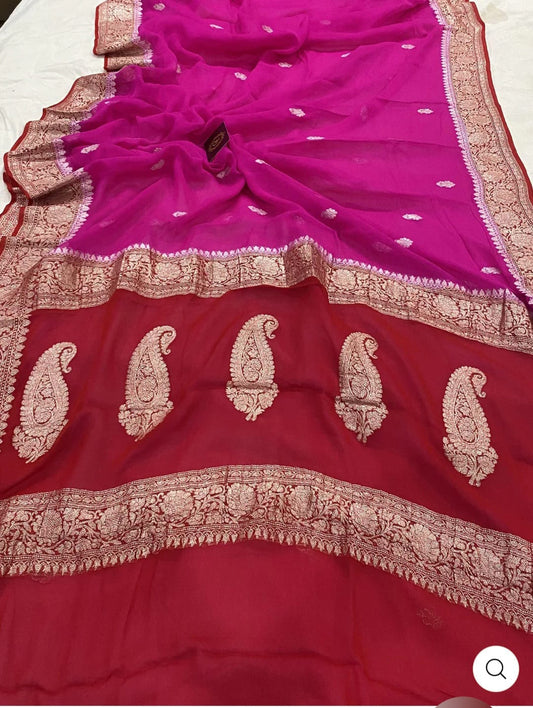 Red & Magenta Contrast Pure Khaddi Chiffon Kadhua with Silver Zari Saree
