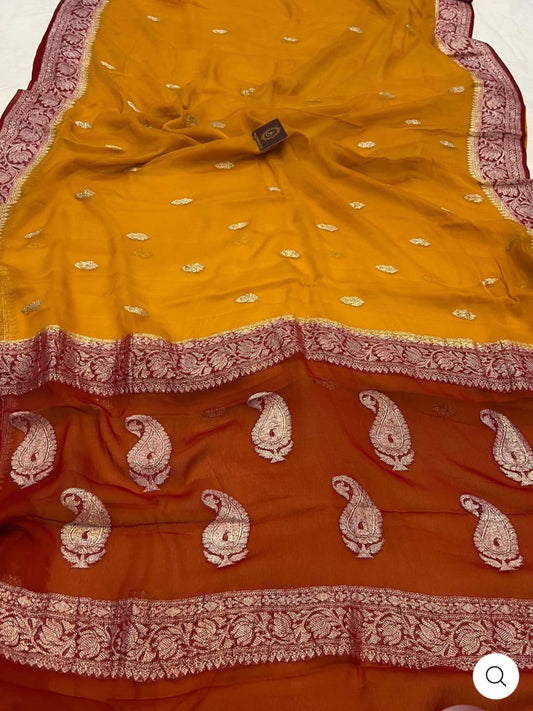Rust & Yellow Contrast Pure Khaddi Chiffon Kadhua with Silver Zari Saree