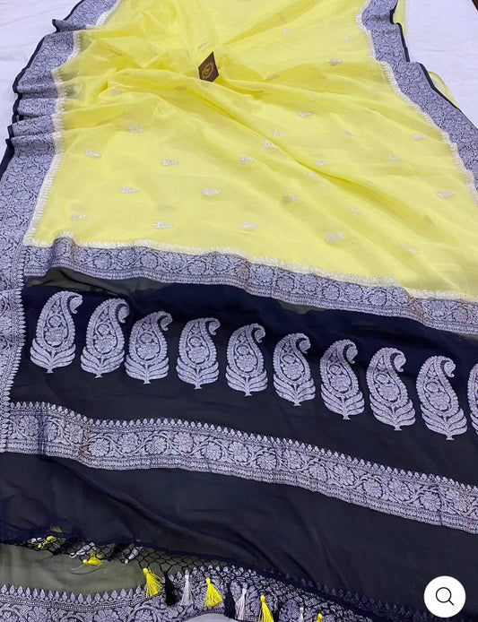 Navy Blue & Beige Contrast Pure Khaddi Chiffon Kadhua with Silver Zari Saree