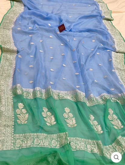 Sea Green & Sky Blue Contrast Pure Khaddi Chiffon Kadhua with Silver Zari Saree