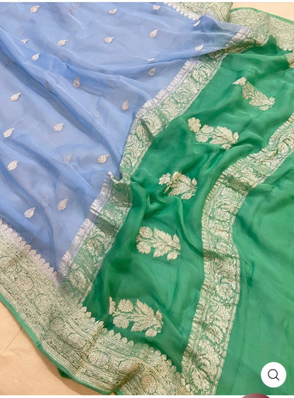 Sea Green & Sky Blue Contrast Pure Khaddi Chiffon Kadhua with Silver Zari Saree