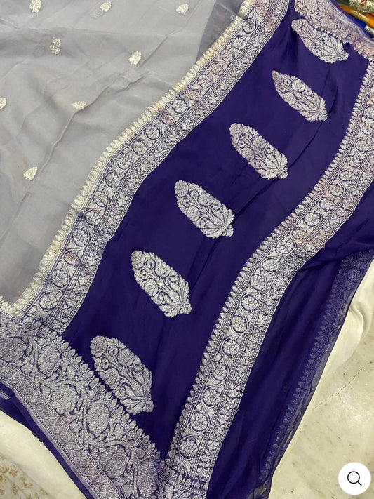 Navy Blue & Grey Contrast Pure Khaddi Chiffon Kadhua with Silver Zari Saree