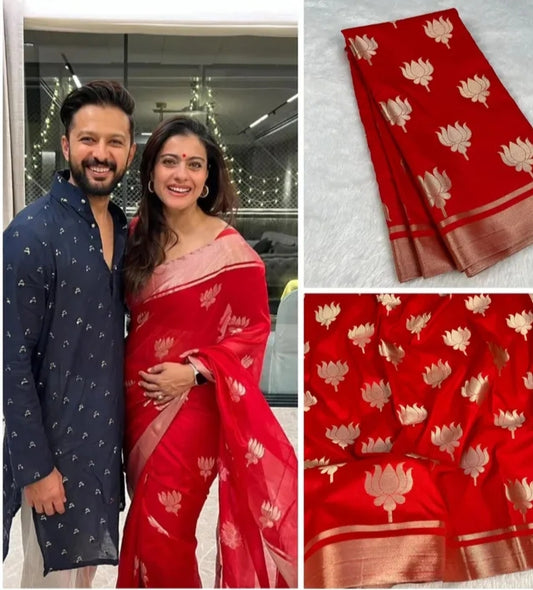 Semi katan silk kajol inspire red lotus banarasi saree