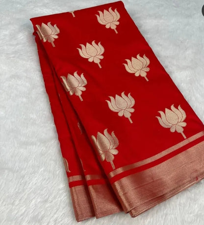Semi katan silk kajol inspire red lotus banarasi saree